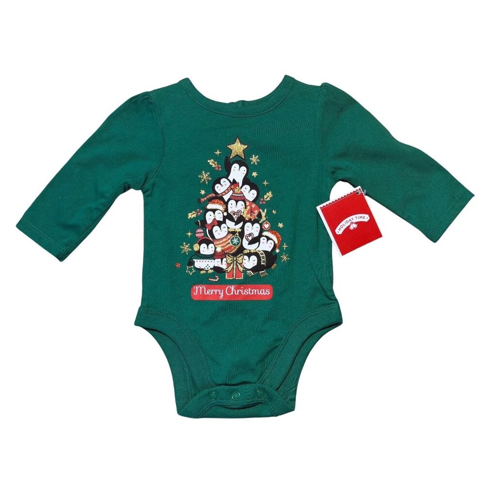 NWT Holiday‎ Time Baby 0-3M Green Penguin Christmas Tree LS Bodysuit Adorable